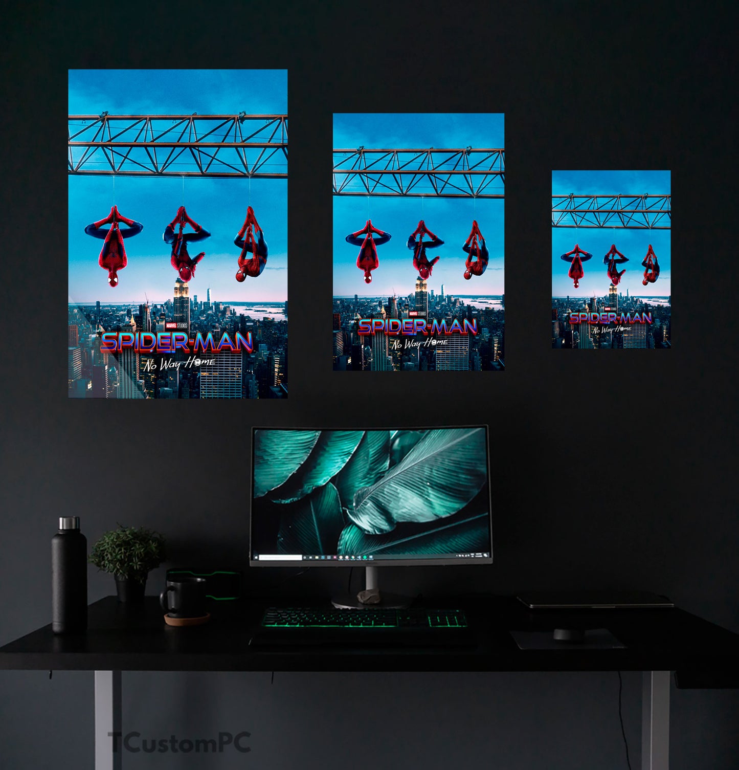 Pintura de Spideys pendurados no guindaste