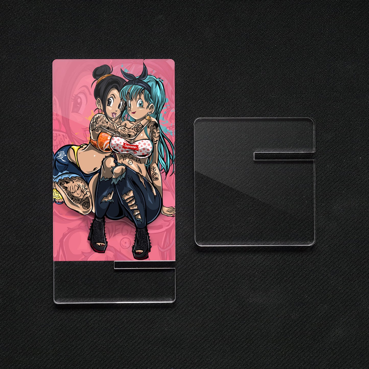 Soporte para Móvil de Dragon Ball Bulma X Chichi, de metacrilato