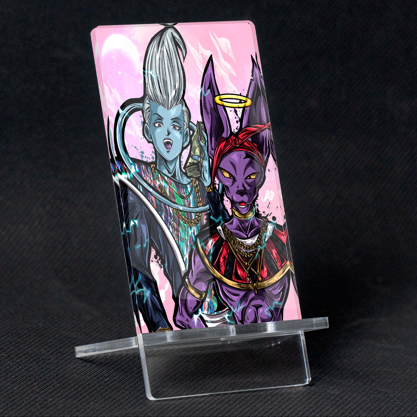 Suporte para celular Dragon Ball Beerus X Whis, feito de metacrilato