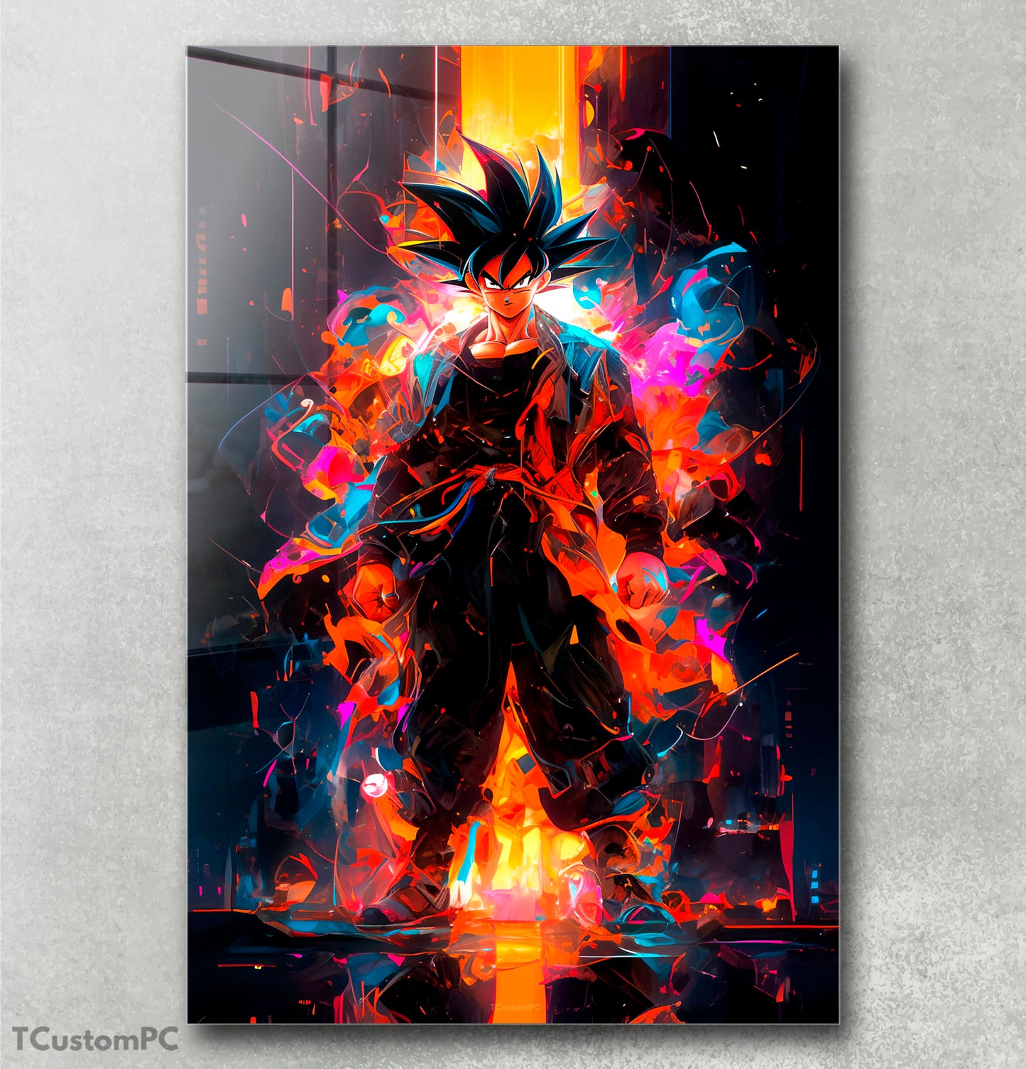 Pintura de Goku com explosão de néon