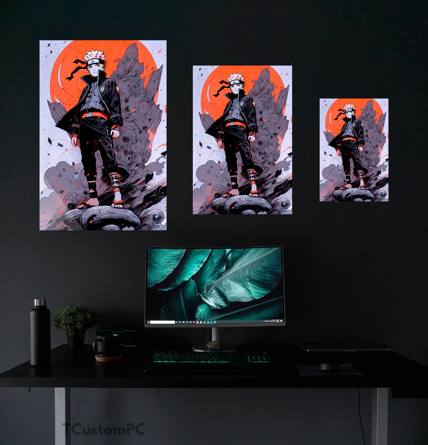 Pintura noturna de Naruto com lua vermelha