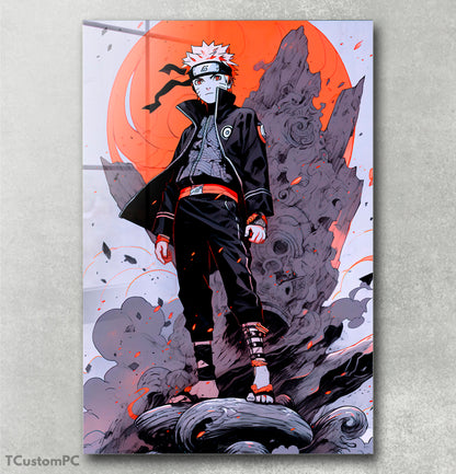 Pintura noturna de Naruto com lua vermelha