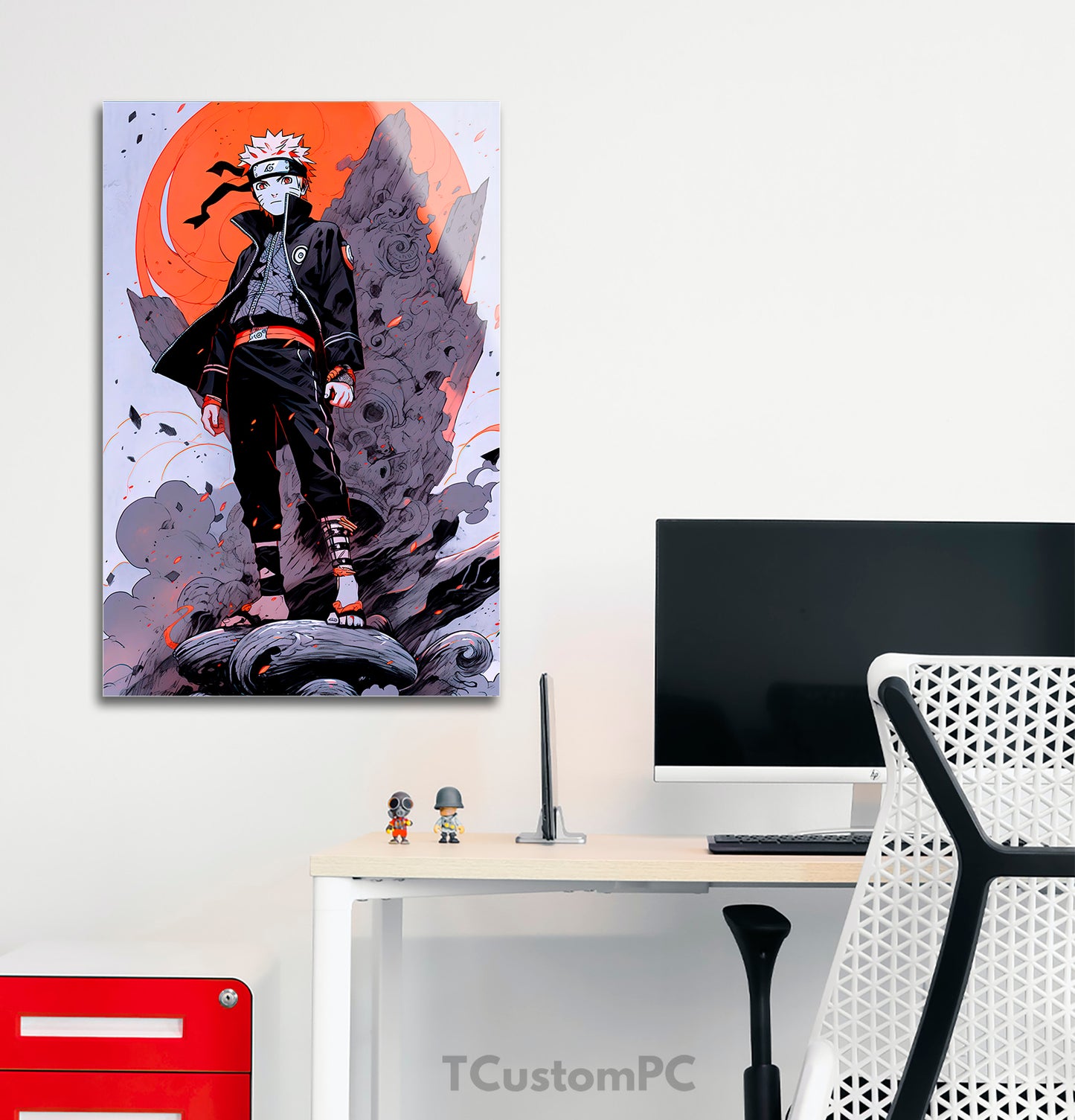 Pintura noturna de Naruto com lua vermelha